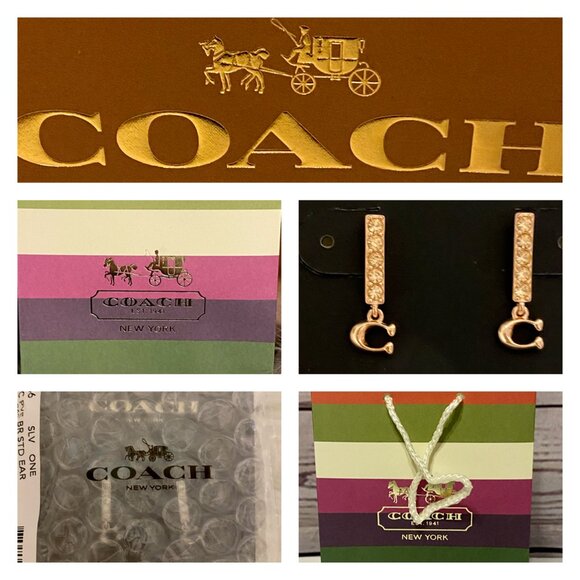 NEW Coach SIGNATURE "C" PAVE BAR Sparkle STUD EARRINGS Rose Gold-tone w/Gift Bag - Picture 3 of 13